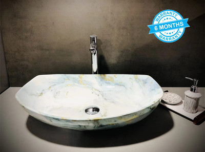 ALPHA Table Top Premium Designer Ceramic Wash Basin with waste pipe & Coupling (23*16*5)(M48) Table Top Basin(White)