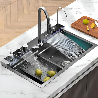 SARCOFT 30x18x10 Digital Display LED Panel, Integrated Waterfalls & Pull Down Faucet Multi-functional Sink Dual Waterfall Kitchen Sink/304 Grade Sink_01 Vessel Sink(Black)