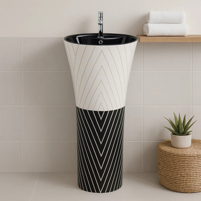 CARA MARK Wash basin| Premium Quality Pedestal Wash Basin| Stain & Scratch Resistant| Pedestal Basin(BLACK AND WHITE HANDMADE DESIGN)