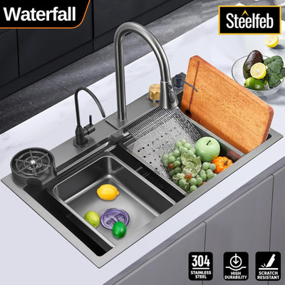 STEELfeb Multi-functional All in One Waterfall Kitchen Sink With All Accessories (304 Grade) (Anti-Scratch) (Anti-Stain) Vessel Sink(NANO HONEYCOMB BLACK)