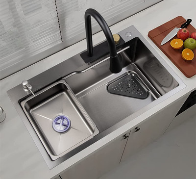 Fossa Waterfall Workstation Kitchen Sink With Pull-Out Faucet Size 75x46cm FS-WF1A Vessel Sink(BLACK)