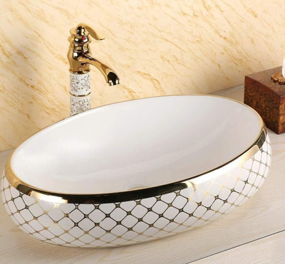 Tap & Tile Premium quality White and Golden Table Top wash Basin size 24 x 16 x 6 Inch Glossy finish TMT_203 Table Top Basin(Multicolor)