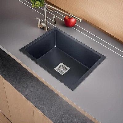 Sumra G Quartz Single Bowl Phantom Granite Sink for Kitchen And Pvc Waste Pipe-Flushmount/Undermount (24 x 18 x 9) Vessel Sink(Black)