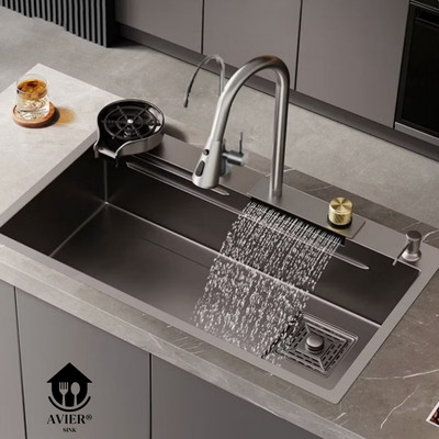 AVIER 304-Grade Kitchen Sink with Integrated Waterfalls, Pull-Out & RO Faucet (30 x 18 x 9 Inches) Table Top Basin(Diamond Black)