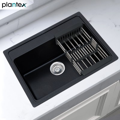 Plantex Quartz Sink for Kitchen/UV Protected Kitchen Sink/Granite Single Bowl Sink (APS-3400-24x18in) Top Mount(Black)