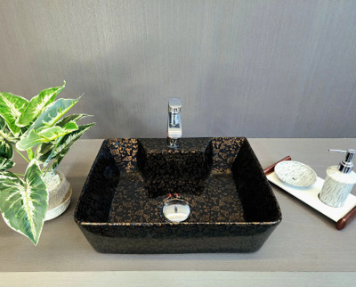 DELTA 2 in 1 Table Top & Wall Mount Rose Gold Flower Design Ceramic Wash Basin (16*12*5)(M56) Wall Hung Basin(Black)
