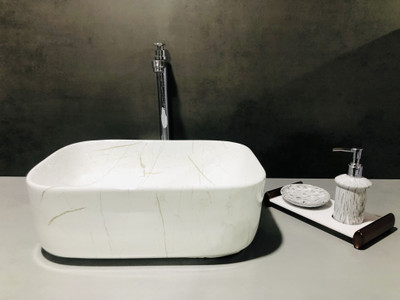 ALPHA Table Top Premium Designer Ceramic Wash Basin with waste pipe & Coupling (02)(16*12*6) Table Top Basin(White)