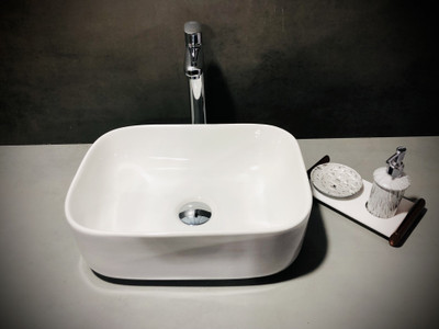 ALPHA Premium White Ceramic Wash Basin with Waste Pipe & Coupling set (16x12x6)(White) Table Top Basin(White)