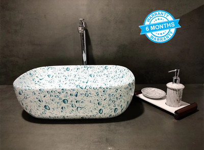 ALPHA Premium Designer Ceramic Wash Basin(Water) with Waste Pipe & Coupling set (18x13x5)(Water Drops) Table Top Basin(Black)