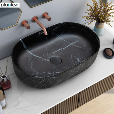 Plantex Wash Basin for Bathroom/Tabletop Washbasin Ceramic Wash Basin/Oval Tabletop Basin for Bathroom/Washbasin Sink for Home Counter Top(Black)