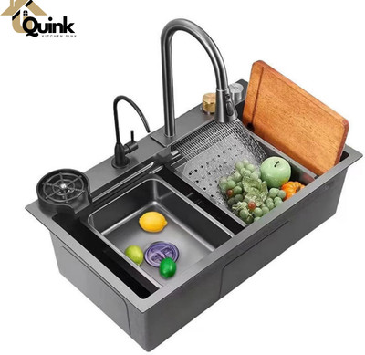 QUINK Smart Sink Easy Wash And Clean Hand Made Kitchen Sink Modular Size 30x18x9 inch Hand Made Kitchen Sink All In One For Kitchen Platform Fix Modular Kitchen Sink Under Counter Basin(SUS 304 DIMOUND BLACK)