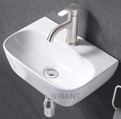 Nirant Wash Basin 42.5 cm x 25 cm x 13 cm Ceramic Wall Mount Wash Basin | Glossy White Finish sink (36 X 33.5 X 14)cm Wall Hung Basin(White)