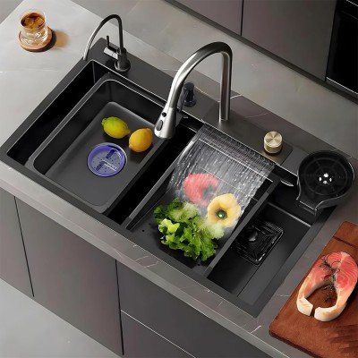 Q-IMAGE Was basin Kitchen Sink With Waterfall Pull Down Faucet SS 304 Single Bowl Sink With All Accessories 30 X 18 X 9 Inches (Black Matt) Vessel Sink(Black)