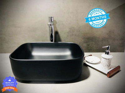 ALPHA Premium Designer Ceramic Wash Basin(Black Matt) with Waste Pipe & Coupling set (16x12x6)(Matt Black) Table Top Basin(White)
