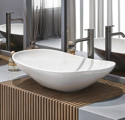 Eden Bath Barcelona Counter Top (24x15x6 inch)/ (62x37x15 cm)/ Scratch Proof/ Anti Bacterial with Coupling & WastePipe Ceramic Table Top Basin(Super White - High Glossy)