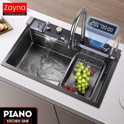 Zayna Smart 30X18 Piano Kitchen Sink With Integrated 5 Button Digital Panel & Double Waterfall With Temperture Display & Ambient Light & All Accessories (304 Grade) Vessel Sink(LUXURY BLACK)