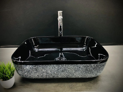 DELTA Premium Designer Black Structure Glossy Finish Ceramic Wash Basin(M22) (20*15.5*5)(M22) Table Top Basin(Black)
