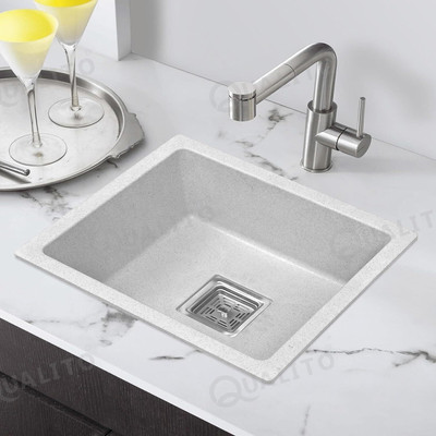 QUALITO Quartz Kitchen Sink 21x18X9 Inch Dotted White Color With Waste Coupling & Waste Pipe | Single Big Bowl Modern Granite Sink for Kitchen Under Counter Basin(Dotted White)