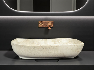 Clayramic Premium Designer Ceramic Washbasin (M-Pan-1095-Matt) (24x16x5)(M-Pan-1095-Matt) Table Top Basin(White & Ivory Marble Figure)