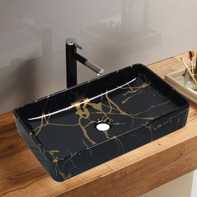 Glexero Premium Quality Imported Counter Top Basin Designer Black Golden Wash Basin Table Top Basin(Black)