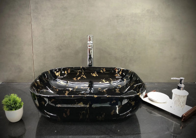 InletCera Premium Designer Ceramic Wash Basin inch(19.5*14.5*5)(M24) Table Top Basin(Black, Gold)