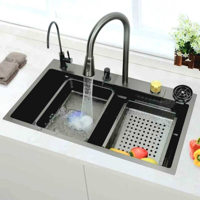 clayplus Waterfall and Pull-down Faucet/304 Grade Stainless Steel Multifunctional Waterfall Kitchen Sink 304 GRADE All in One 30x18 inch Vessel Sink(Diamond Black 2)