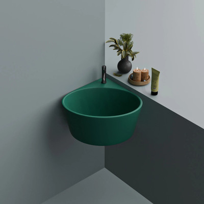 Sumra G Glossy Finish Triangular Small Wall Mounted Corner Wash Basin Corner Basin(Green)