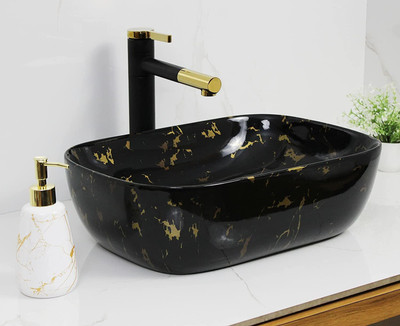 Joyo Cera Art Wash Basin Countertop, Tabletop Ceramic Bathroom Sink/Basin (450x320x170mm) Tabletop Ceramic Bathroom Sink/Basin (450 X 320 X 150mm) Golden & Black Table Top Basin For Rs. 2590 @ 57% off
