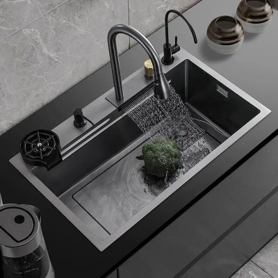 Q-IMAGE Sink Of Kitchen 304 Grade 30X18X9 with ANTI SCRATCH DESIGN Integrated Waterfall and Pull-down Faucet Set Stainless Steel Sink with Cup washer and Drain Baskets Vessel Sink(Black)