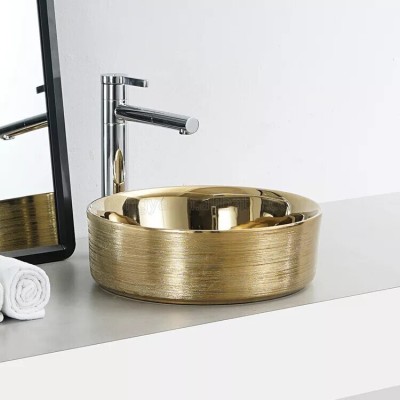 Ceramic Table Top Round Premium Designer Wash Basin/Vessel Sink Wash Basin for Bathroom Glossy Gold 14 x 14 x 5 Inch (Gold) Table Top Basin(GOLD)