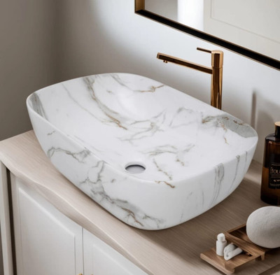 Devito (18*13*5) inch super glossy finish designer basin / counter top basin / (45*33*13.5) cm super glossy finish marble tone ceramic wash basin / Table Top Basin(white & grey with gold)