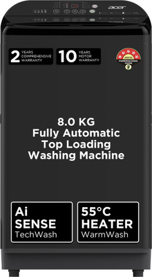 Acer 8 kg Halo Wash Series with AiSense, 5 Star Rating, AutoBalance, HelixFlow Pulsator, Pro-Foam Tub Fully Automatic Top Load Washing Machine with In-built Heater Black, Grey(AR80FATLP1GT)