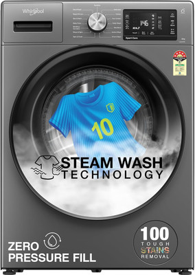 Whirlpool 8 kg Steam Technology 5 Star Inverter 100+ Tough Stains, 6th Sense Soft Move Fully Automatic Front Load Washing Machine with In-built Heater Black(XS8014BYM52E)
