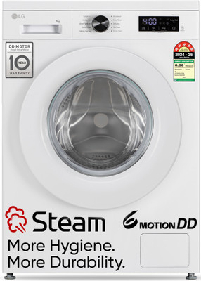 LG 7 kg 5 Star, Allergen free with Steam, Inverter Direct Drive - Less vibration, less noise, 6 Motion Direct Drive, Touch Panel, 1200 RPM, Essence Fully Automatic Front Load Washing Machine with In-built Heater White(FHB1207Z2W)