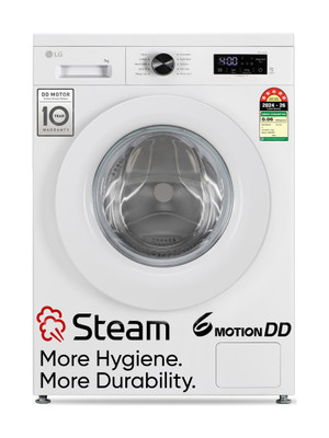 LG 7 kg 5 Star, Allergen free with Steam, Inverter Direct Drive - Less vibration, less noise, 6 Motion Direct Drive, Touch Panel, 1200 RPM, Essence Fully Automatic Front Load Washing Machine with In-built Heater White(FHB1207Z2W)