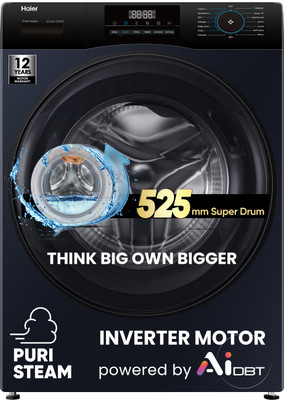 Haier 8 kg 5 Star with Powered by AI-DBT, AI Wash, PuriSteam, 525 mm Super Drum, Inbuilt Heater, Washer Fully Automatic Front Load Washing Machine Black(EFL80-IM12IBIEBK)