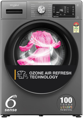 Whirlpool 9 kg Ozone Technology 5 Star Inverter 100+ Tough Stains, 1400 RPM, Supreme Care Fully Automatic Front Load Washing Machine with In-built Heater Black, Grey(XO9012BYM52E)