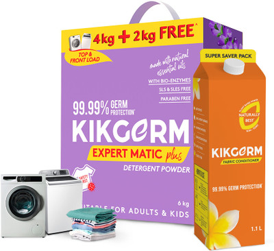 Kikgerm Naturally Best TOP & FRONT LOAD Dent Powder + Fabric Conditioner 6 KG + 1.1L Detergent Powder (Lavender)(7.1 kg)