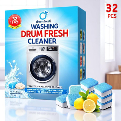 DrumFresh 32Pcs High Quality Washing Machine Front Load Safe Tabs Detergent Powder (Lemon)(32 g)