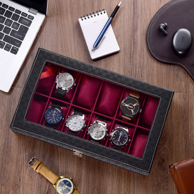 WATCHHUT Special Men's and Women's Watch Box Transparent Organiser Case in Tran Watch Box(Black, CHERRY, Holds 12 Watches)
