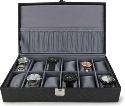 WATCHCASE Men's and Women's Watch Box Holder Organizer Case in Black color in Gray Velvet Watch Box(gray, Black, Holds 12 Watches)