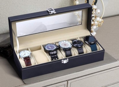 Grilazza 6 Slot Leather Watch Storage Box Holder Display Glass Case Organizer Watch Box(Black, Holds 6 Watches)