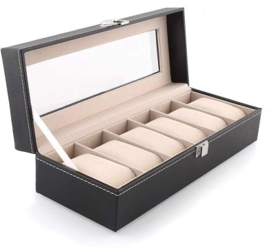 Bhattenterprise Watch Box 6 Slots PU Leather Case Organizer Wooden Storage Organizer Watch Box(Black, Holds 6 Watches)