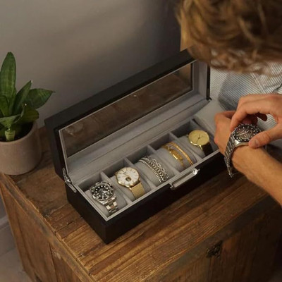 NEWSPARSH Kinjal Watch Box 6 Slots, Watch Jewellery Display Storage Box Case Organiser Watch Box(Multicolor, Holds 6 Watches)