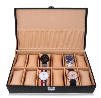ALAWO Watch Box Organizer Holder for Men & Women 12 slots of watches Black and Cream Watch Box(Black, Holds 12 Watches)