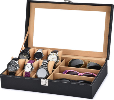 STORESHINE 6 Wrist Watch Display Box with 3 sunglasses slots Watch Box(Black, Holds 6 Watches)