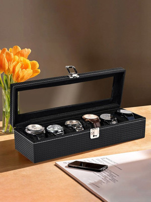 STORESHINE Unisex Black 12-Slot Watch Organizer Watch Box(Black, Holds 6 Watches)