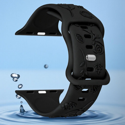 LORENZ 3D Engraving Floral pattern 42/44/45/49 MM iwatch Smart Watch Strap(Black)
