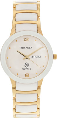 Royalex Watch White Dial Day and Date Golden Ceramic Case and White Gold Ceramic Chain Watch White Dial Day and Date Golden Ceramic Case and White Gold Ceramic Chain Analog Watch  - For Men
