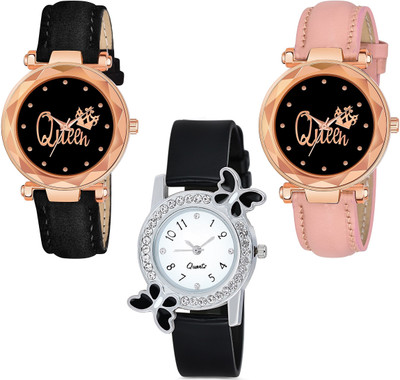Praizy New Stylish Combo Of 3 Queen Printed Dial Black & Pink and Black Butterfly Analog Watch  - For Girls